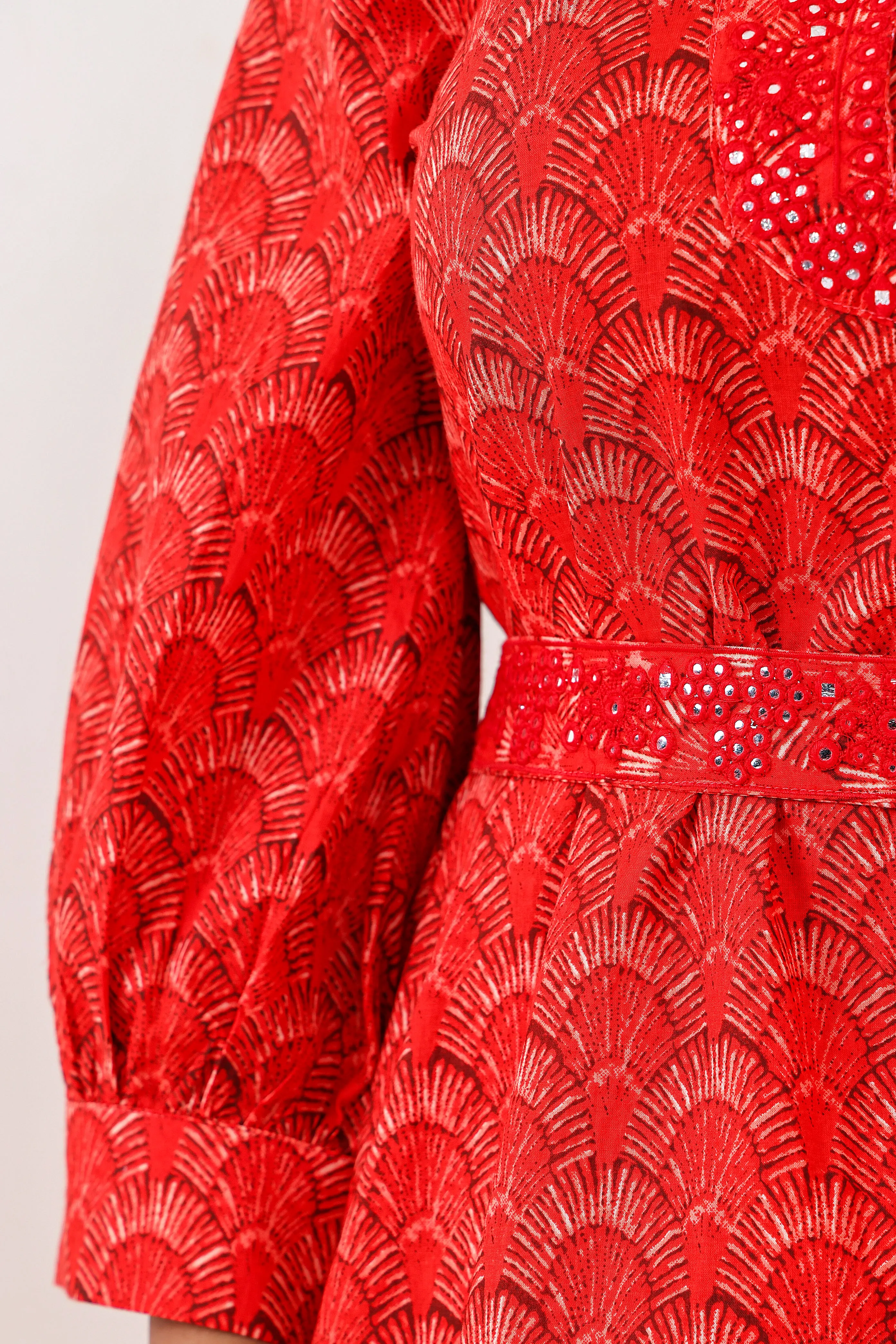 Habibi co-ord set with Embroidered detachable belt - Red