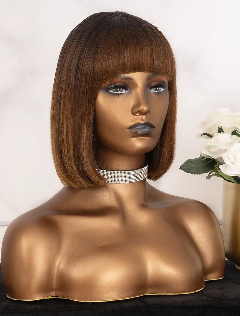 #Highlight Bob Straight With Bangs Human Hair Scalp Top Wigs Machine Made
