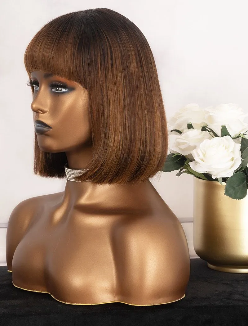 #Highlight Bob Straight With Bangs Human Hair Scalp Top Wigs Machine Made