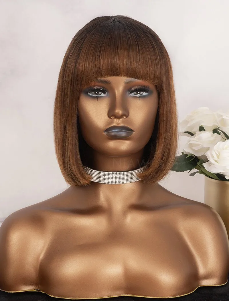 #Highlight Bob Straight With Bangs Human Hair Scalp Top Wigs Machine Made