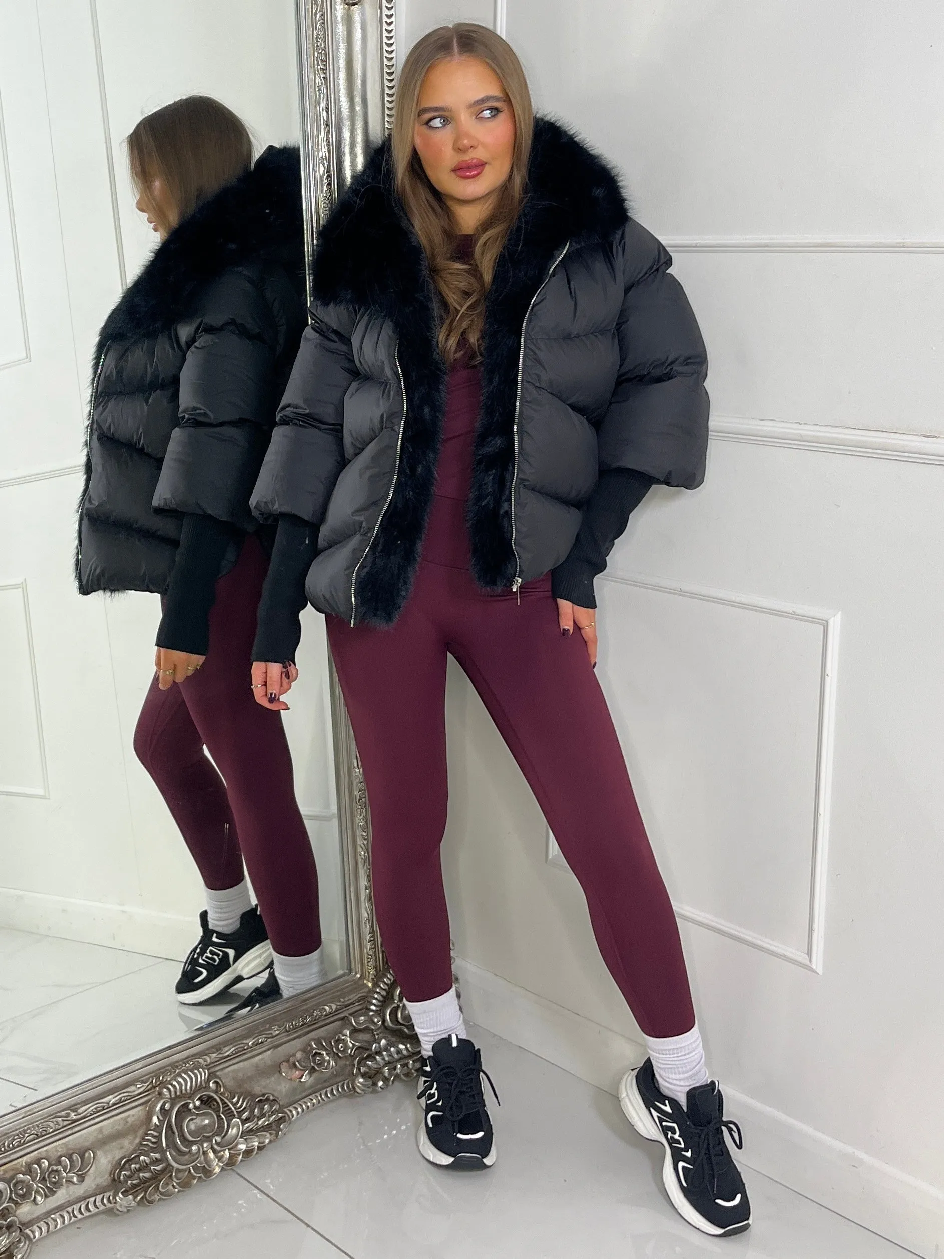 hooded puffer coat with faux fur trim - Black