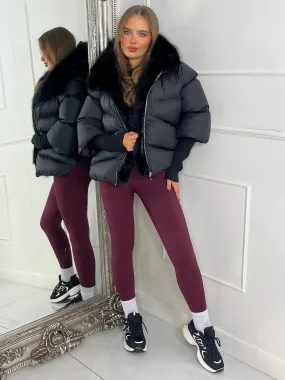 hooded puffer coat with faux fur trim - Black
