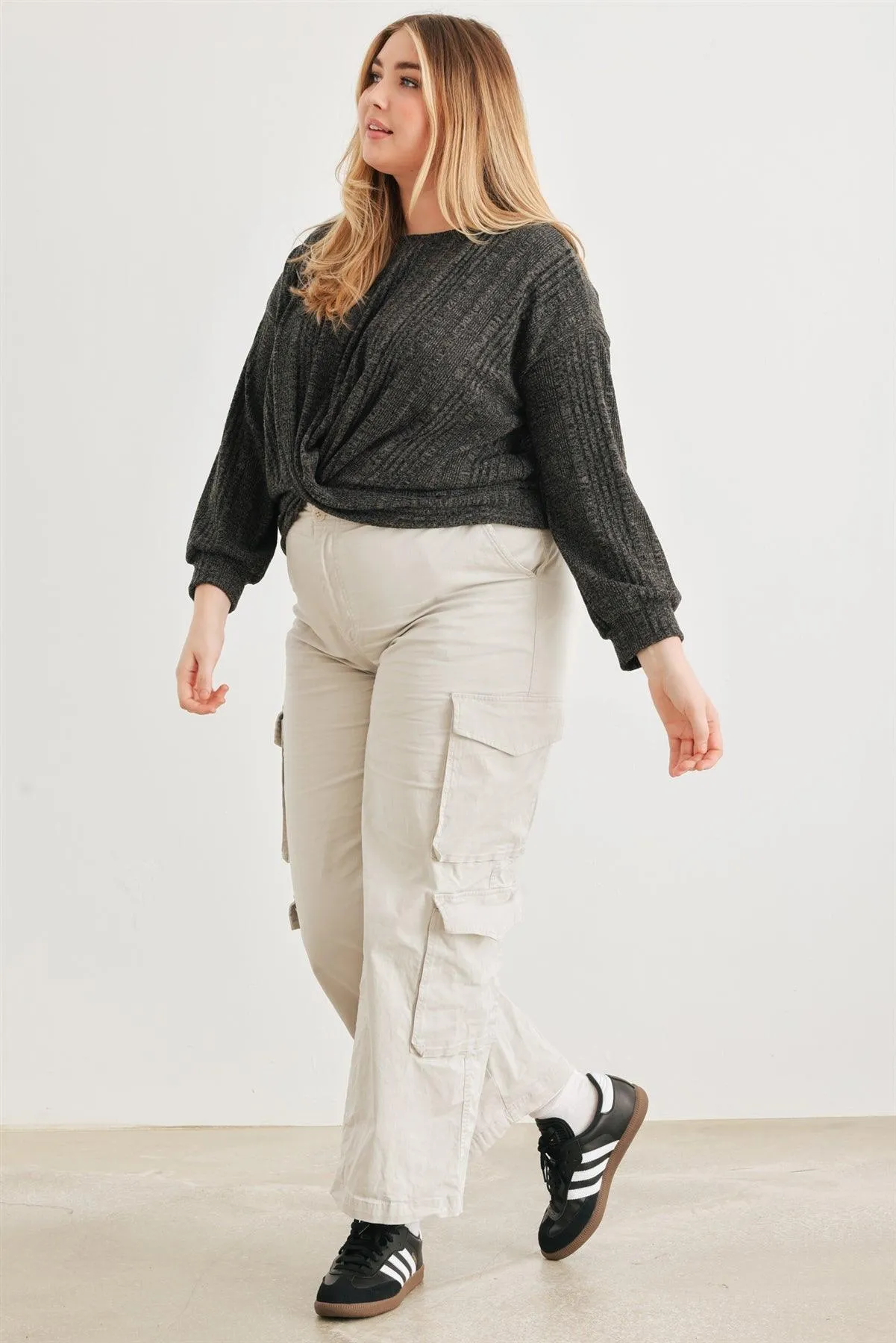Junior Plus Charcoal Wrap Hem Back Lace-Up Long Sleeve Top /3-2-1