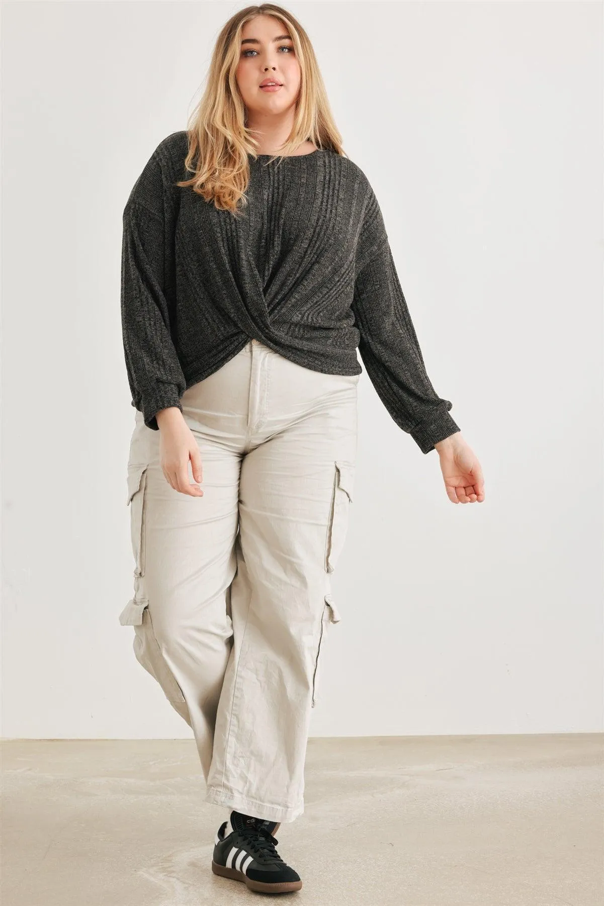 Junior Plus Charcoal Wrap Hem Back Lace-Up Long Sleeve Top /3-2-1