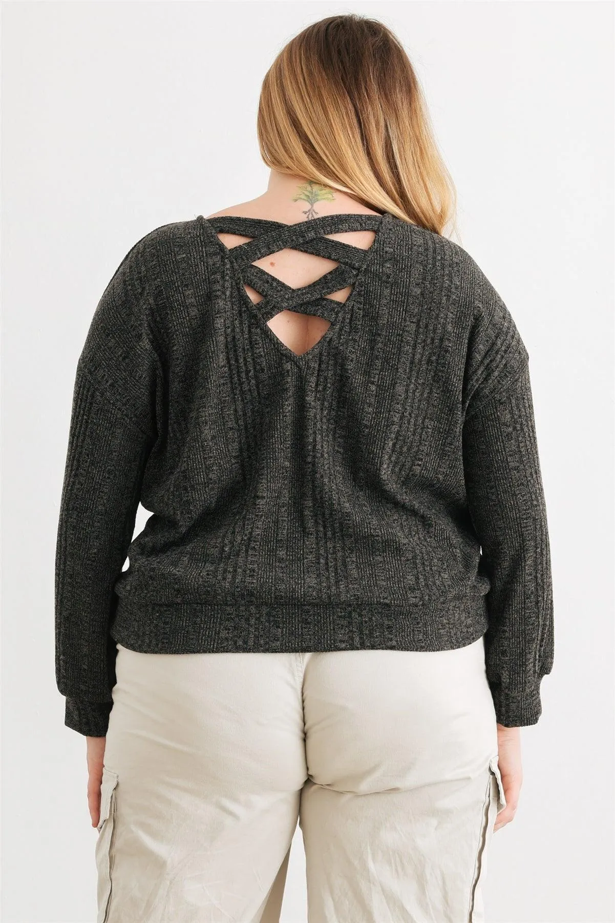 Junior Plus Charcoal Wrap Hem Back Lace-Up Long Sleeve Top /3-2-1