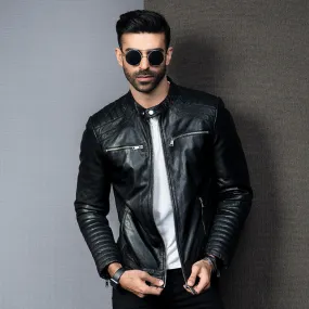 Kaptan Biker Style Leather Jacket - Black