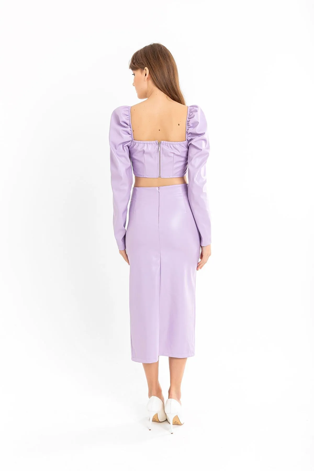 KKT Leather Fabric Above Knee Shirred Slit Women'S Skirt - Lilac - Lugo