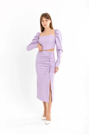 KKT Leather Fabric Above Knee Shirred Slit Women'S Skirt - Lilac - Lugo