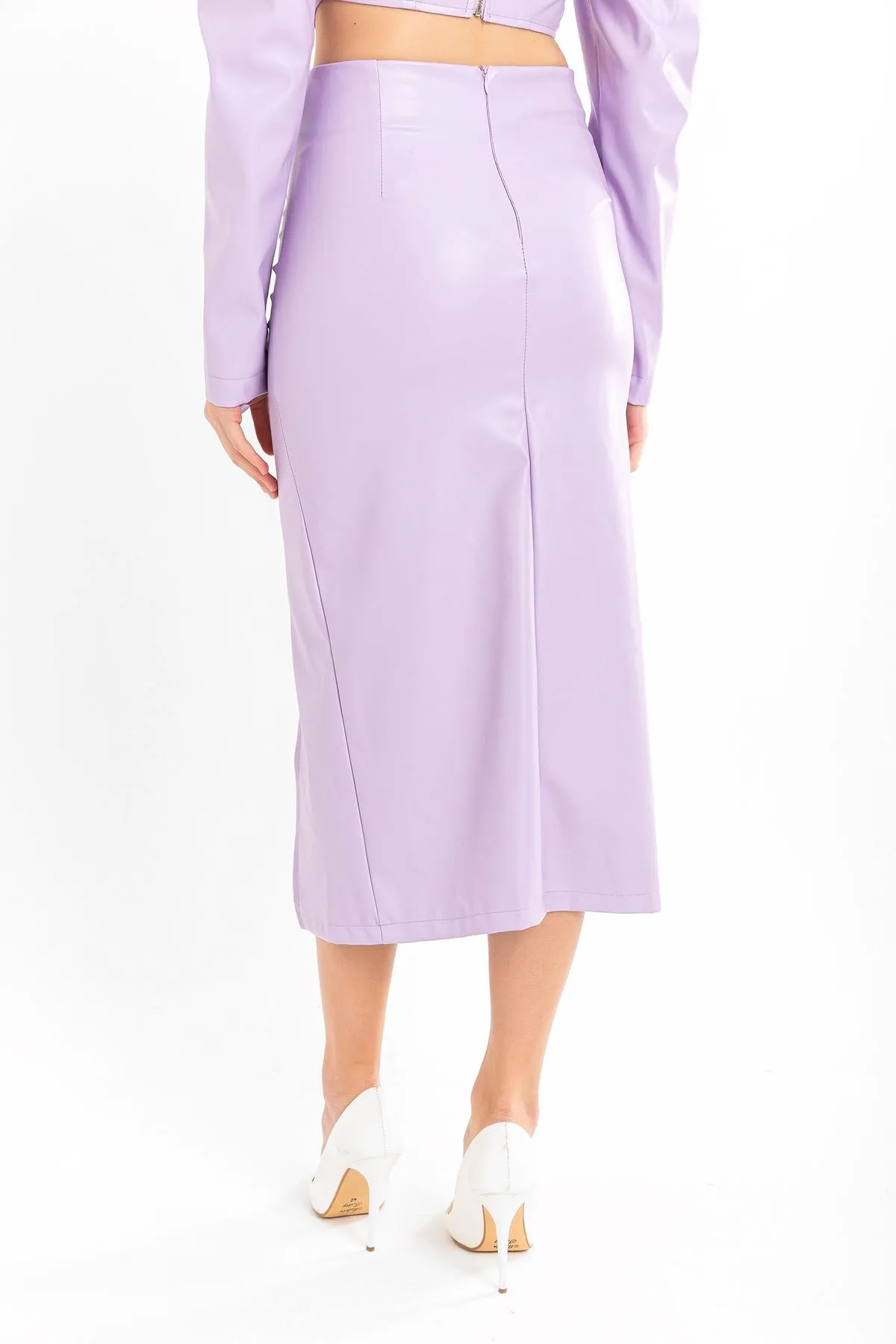 KKT Leather Fabric Above Knee Shirred Slit Women'S Skirt - Lilac - Lugo