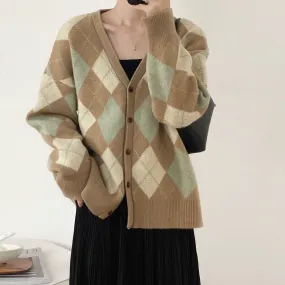 [Korean Style] 3 Color Vintage Argyle V-neck Knit Cardigan