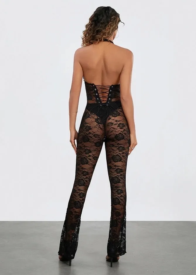 Lace-Up Back Halter Floral Lace Jumpsuit