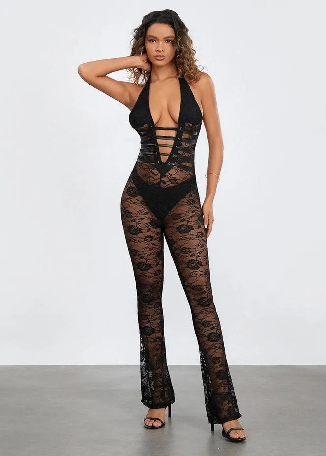 Lace-Up Back Halter Floral Lace Jumpsuit
