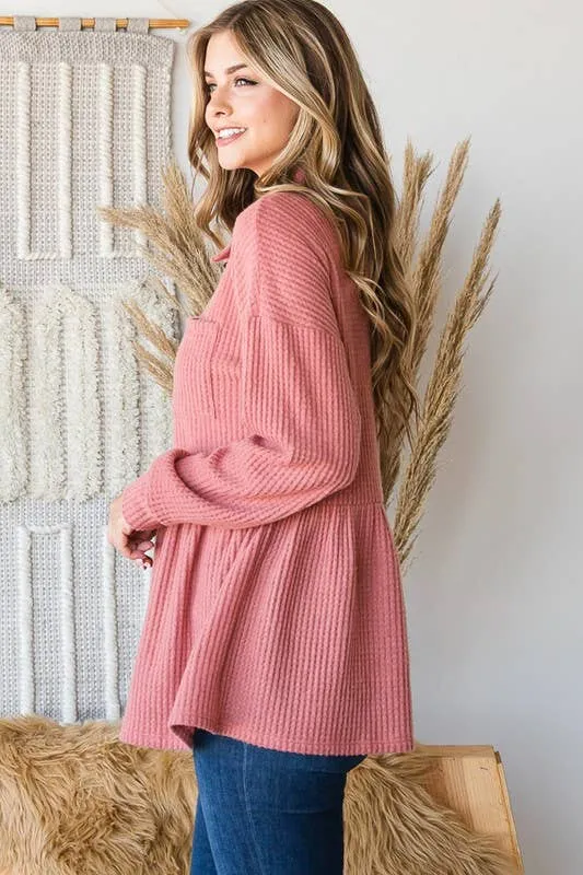 LONG SLEEVE BRUSHED WAFFLE KNIT BUTTON DOWN TOP