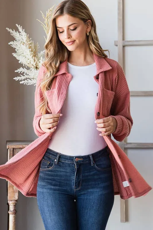 LONG SLEEVE BRUSHED WAFFLE KNIT BUTTON DOWN TOP