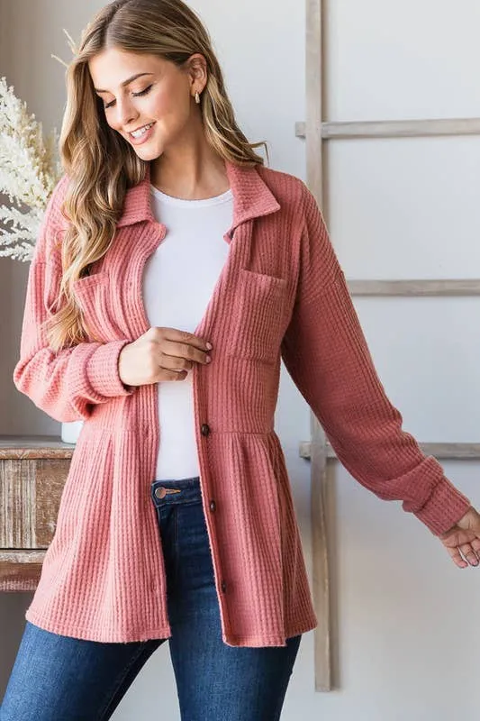 LONG SLEEVE BRUSHED WAFFLE KNIT BUTTON DOWN TOP