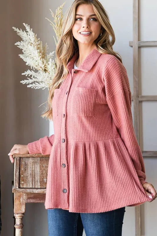 LONG SLEEVE BRUSHED WAFFLE KNIT BUTTON DOWN TOP