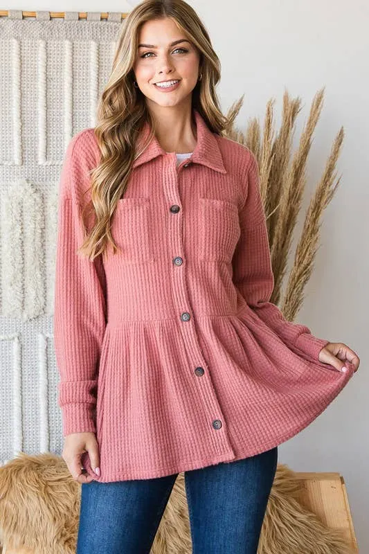 LONG SLEEVE BRUSHED WAFFLE KNIT BUTTON DOWN TOP