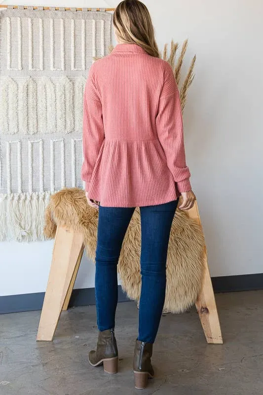 LONG SLEEVE BRUSHED WAFFLE KNIT BUTTON DOWN TOP