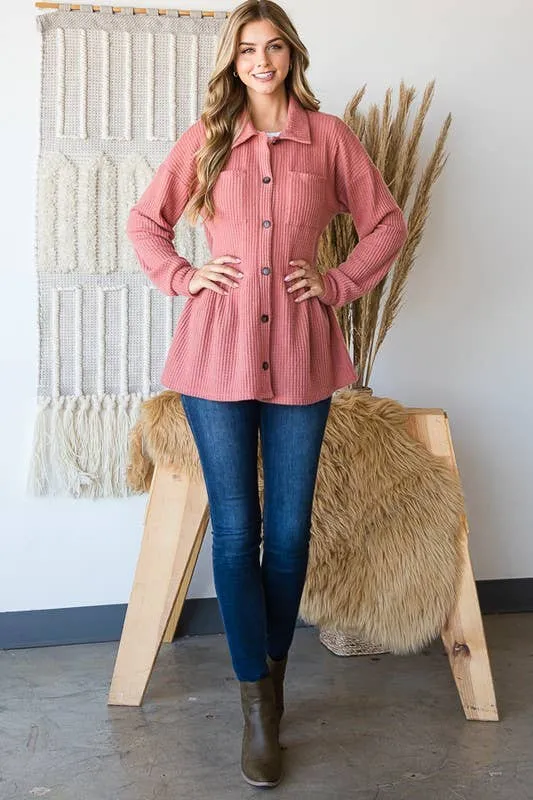 LONG SLEEVE BRUSHED WAFFLE KNIT BUTTON DOWN TOP