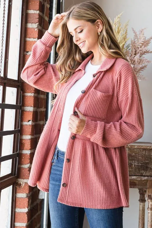 LONG SLEEVE BRUSHED WAFFLE KNIT BUTTON DOWN TOP