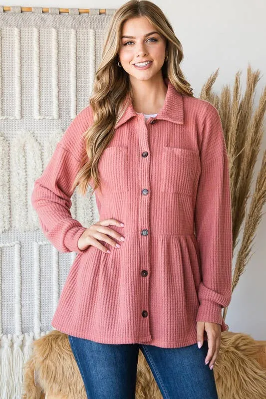 LONG SLEEVE BRUSHED WAFFLE KNIT BUTTON DOWN TOP