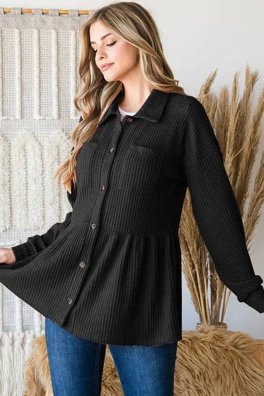 LONG SLEEVE BRUSHED WAFFLE KNIT BUTTON DOWN TOP