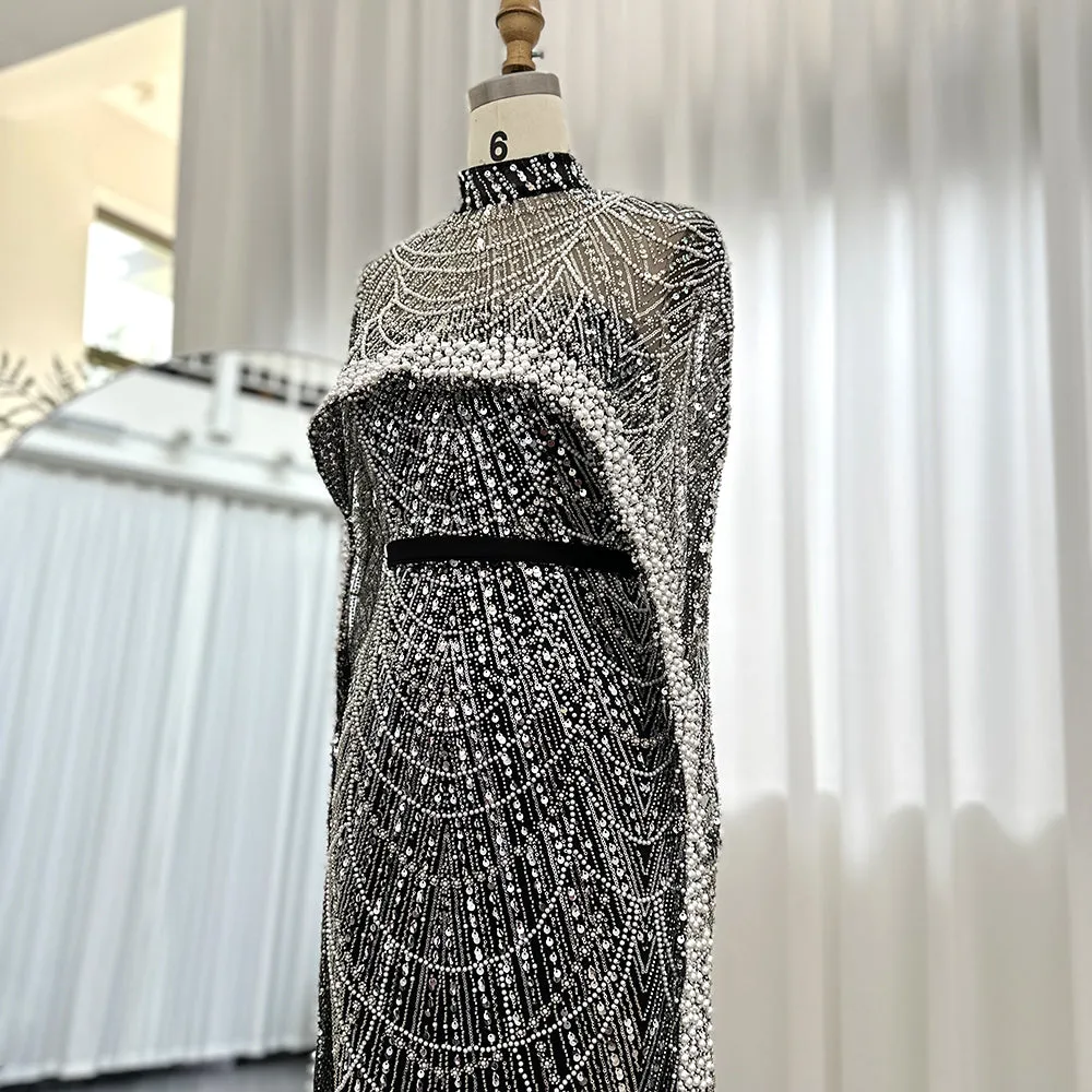 Luxury Pearls Champagne Mermaid Wedding Evening Dress with Cape