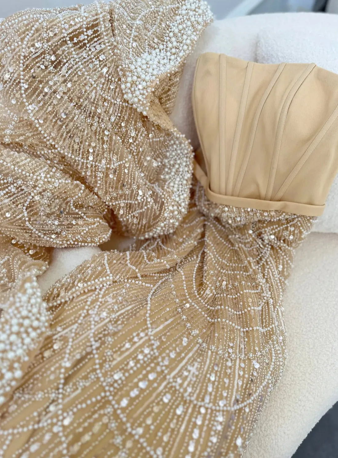 Luxury Pearls Champagne Mermaid Wedding Evening Dress with Cape
