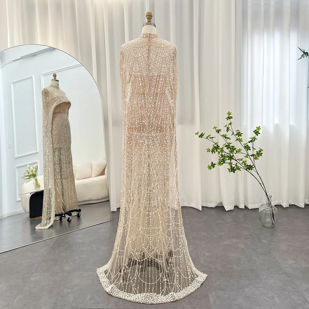 Luxury Pearls Champagne Mermaid Wedding Evening Dress with Cape