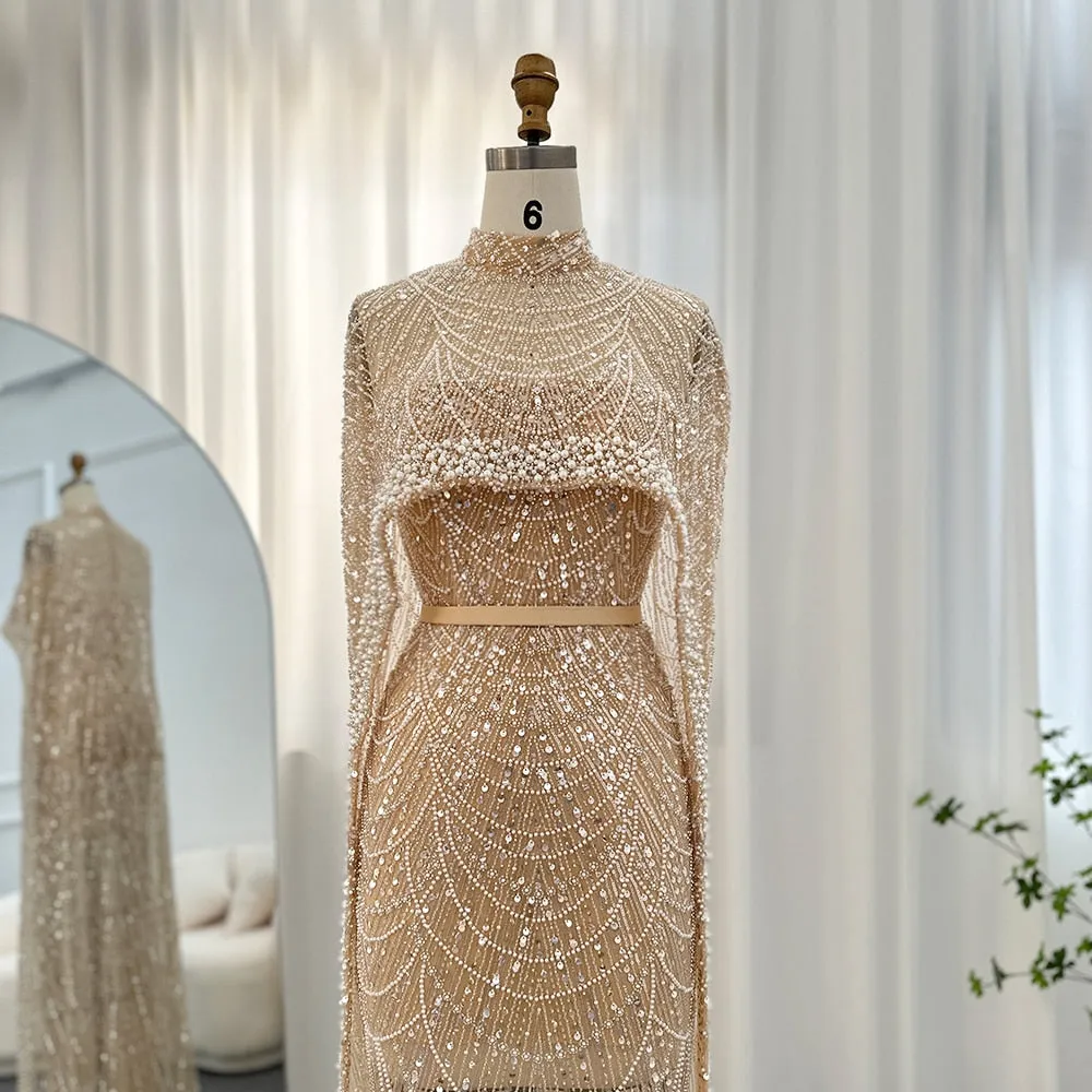 Luxury Pearls Champagne Mermaid Wedding Evening Dress with Cape