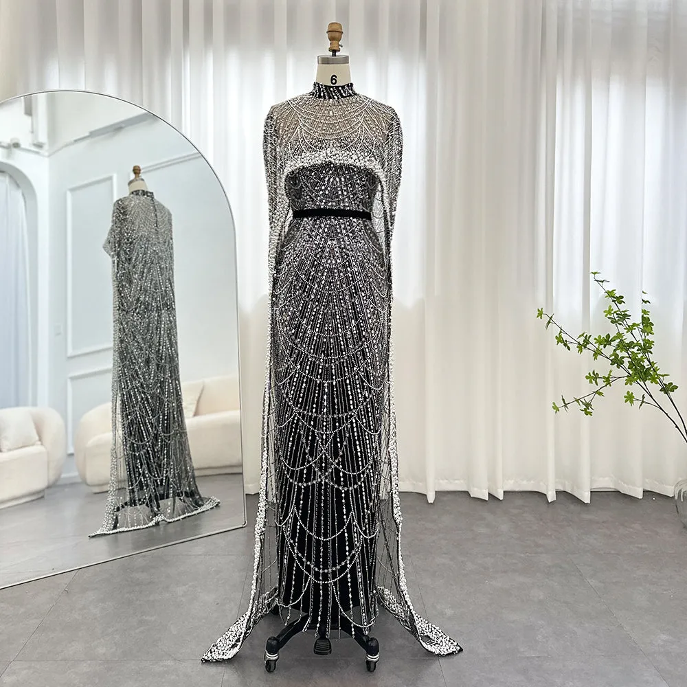 Luxury Pearls Champagne Mermaid Wedding Evening Dress with Cape