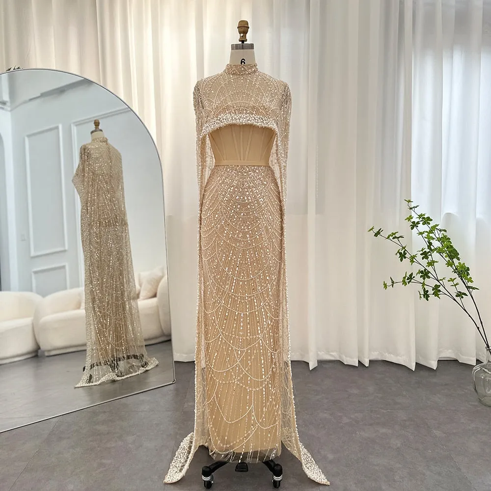 Luxury Pearls Champagne Mermaid Wedding Evening Dress with Cape