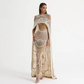 Luxury Pearls Champagne Mermaid Wedding Evening Dress with Cape