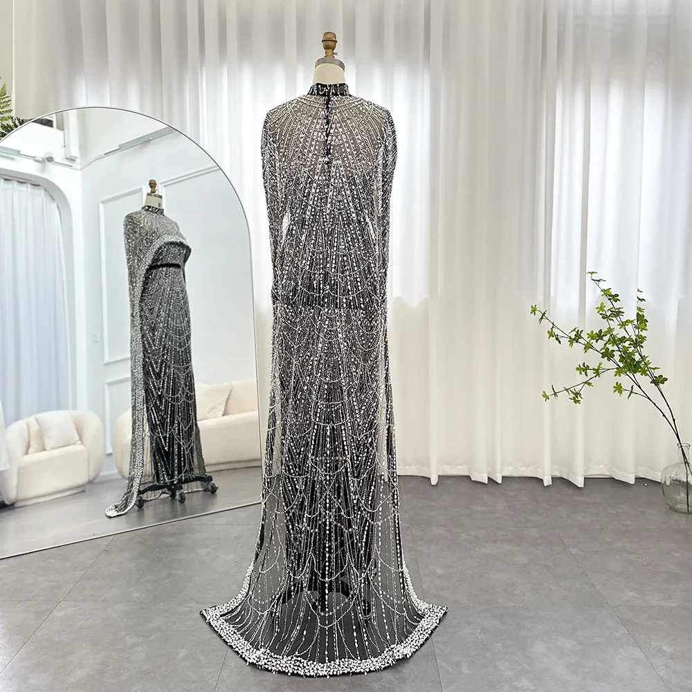 Luxury Pearls Champagne Mermaid Wedding Evening Dress with Cape