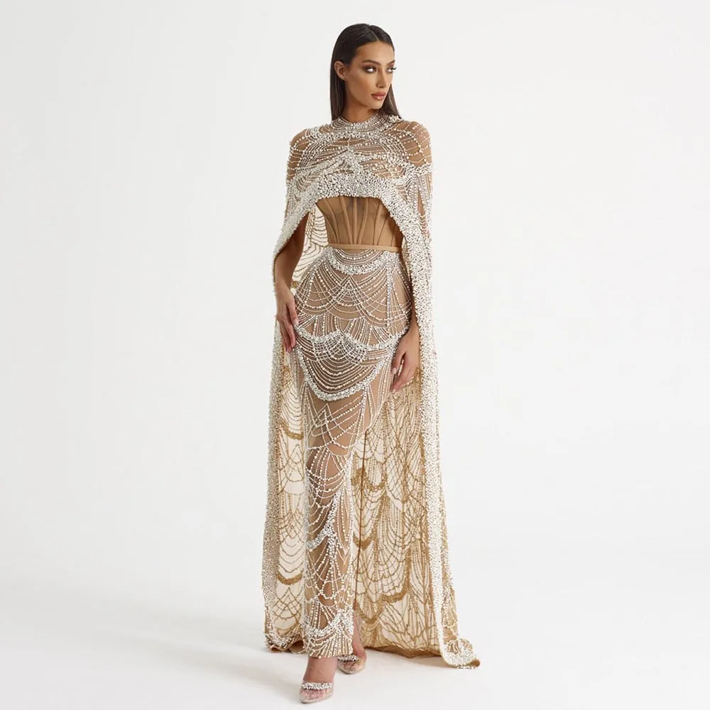 Luxury Pearls Champagne Mermaid Wedding Evening Dress with Cape
