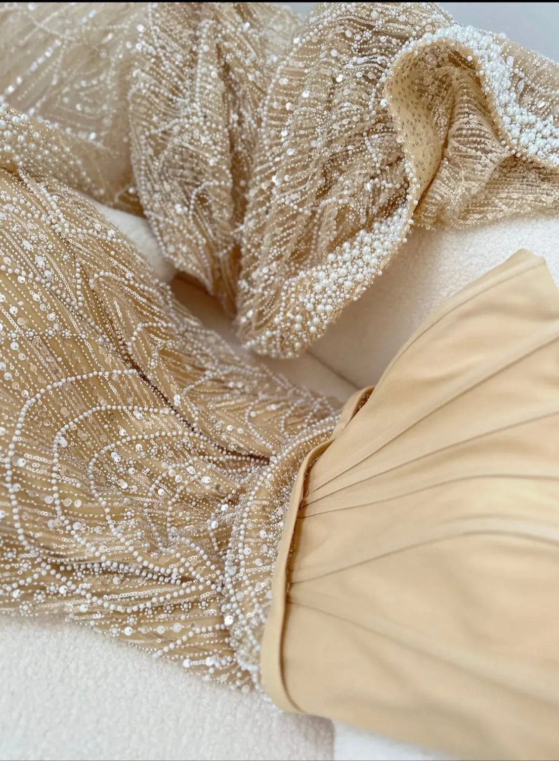 Luxury Pearls Champagne Mermaid Wedding Evening Dress with Cape