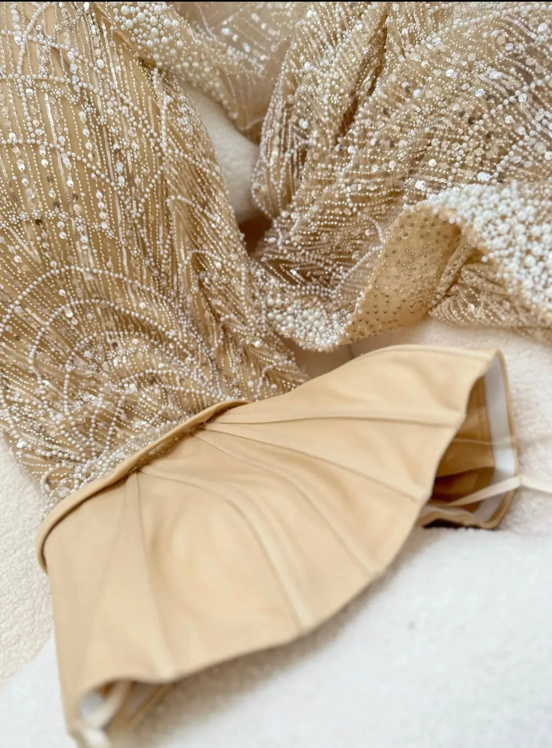 Luxury Pearls Champagne Mermaid Wedding Evening Dress with Cape