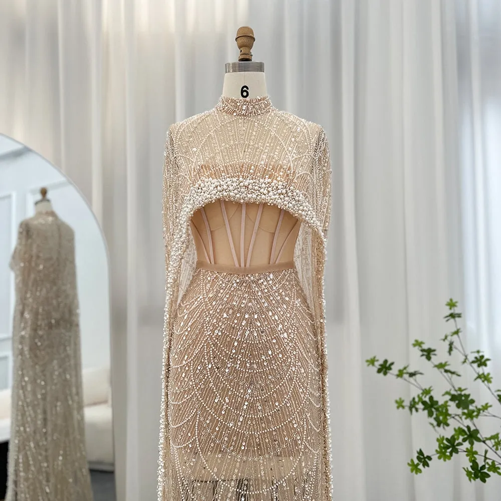Luxury Pearls Champagne Mermaid Wedding Evening Dress with Cape
