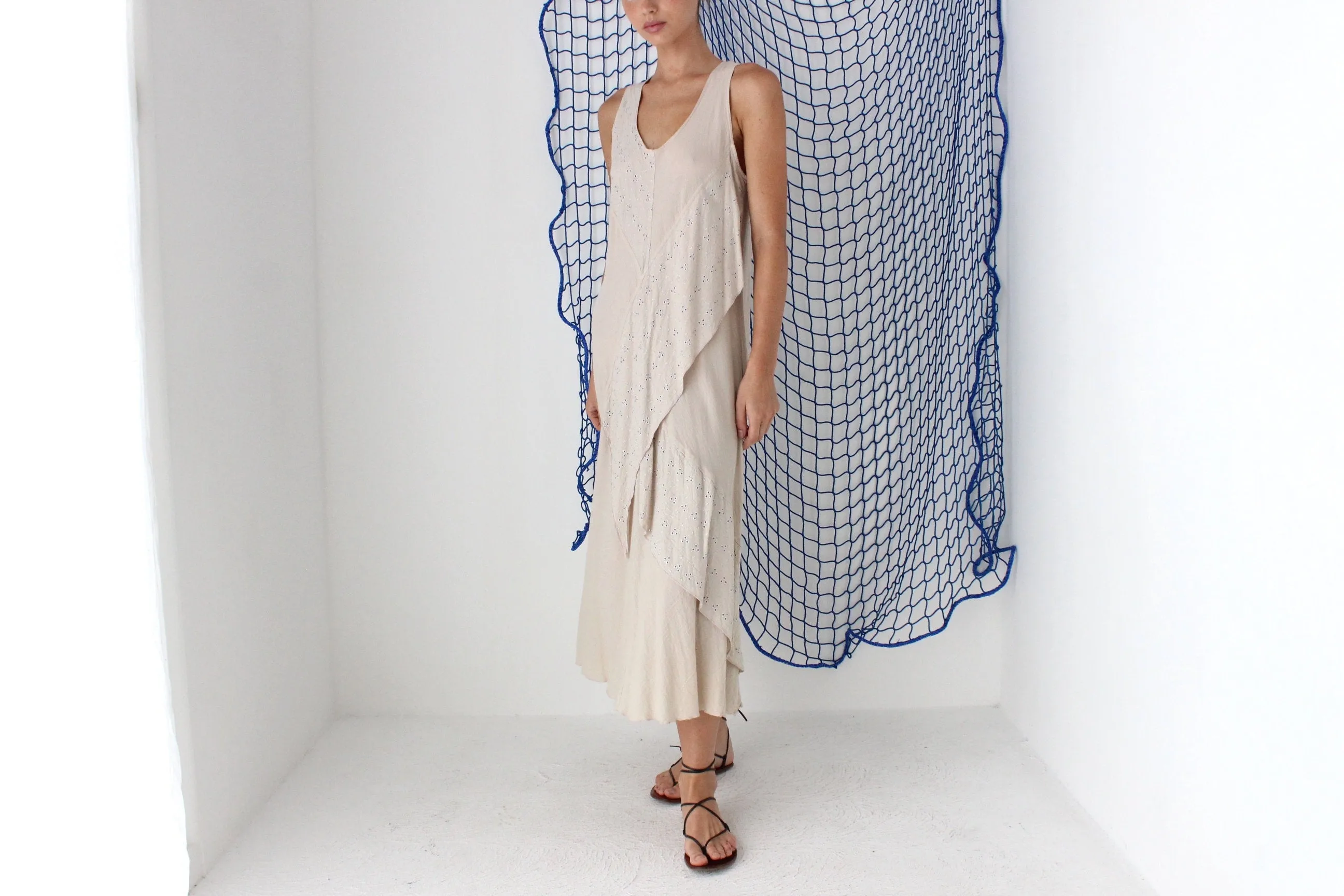 MADE IN GREECE 90s Cotton Eyelet Gauze Relaxed Dress