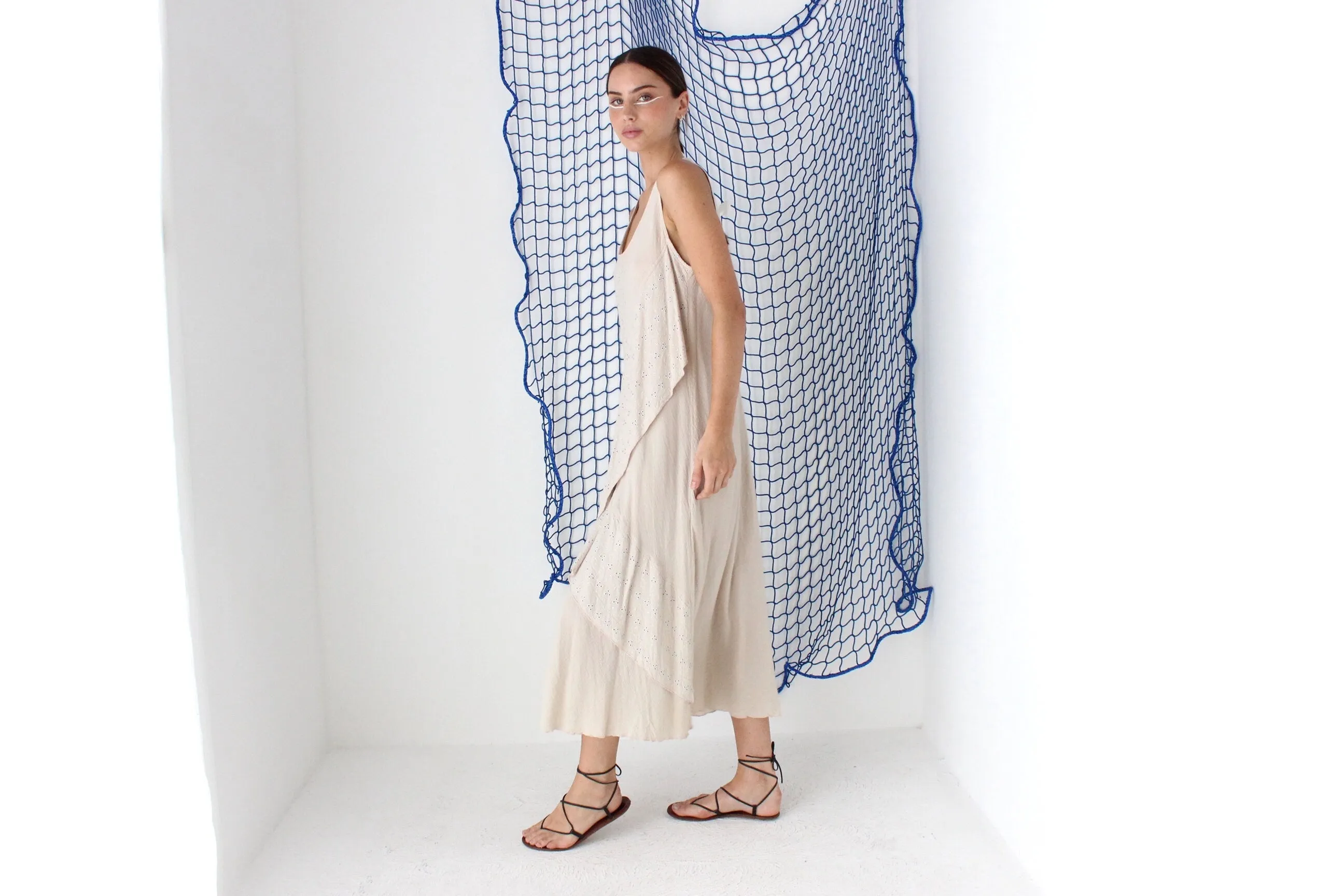 MADE IN GREECE 90s Cotton Eyelet Gauze Relaxed Dress