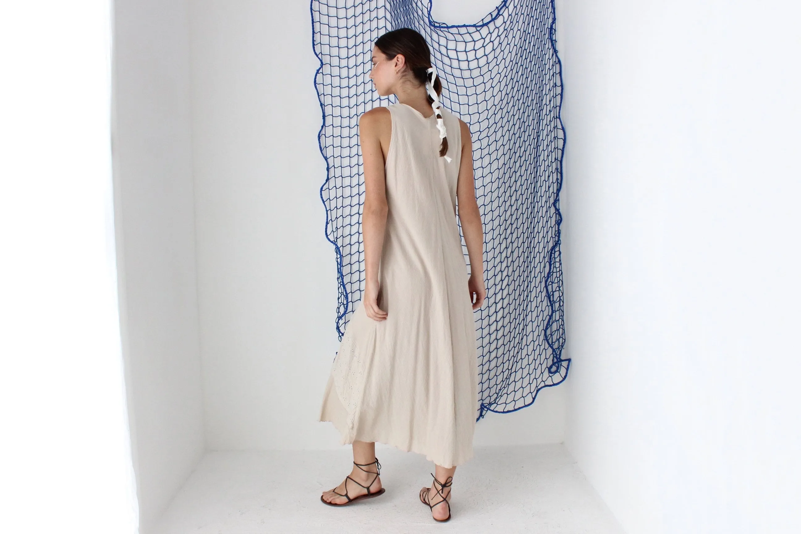 MADE IN GREECE 90s Cotton Eyelet Gauze Relaxed Dress
