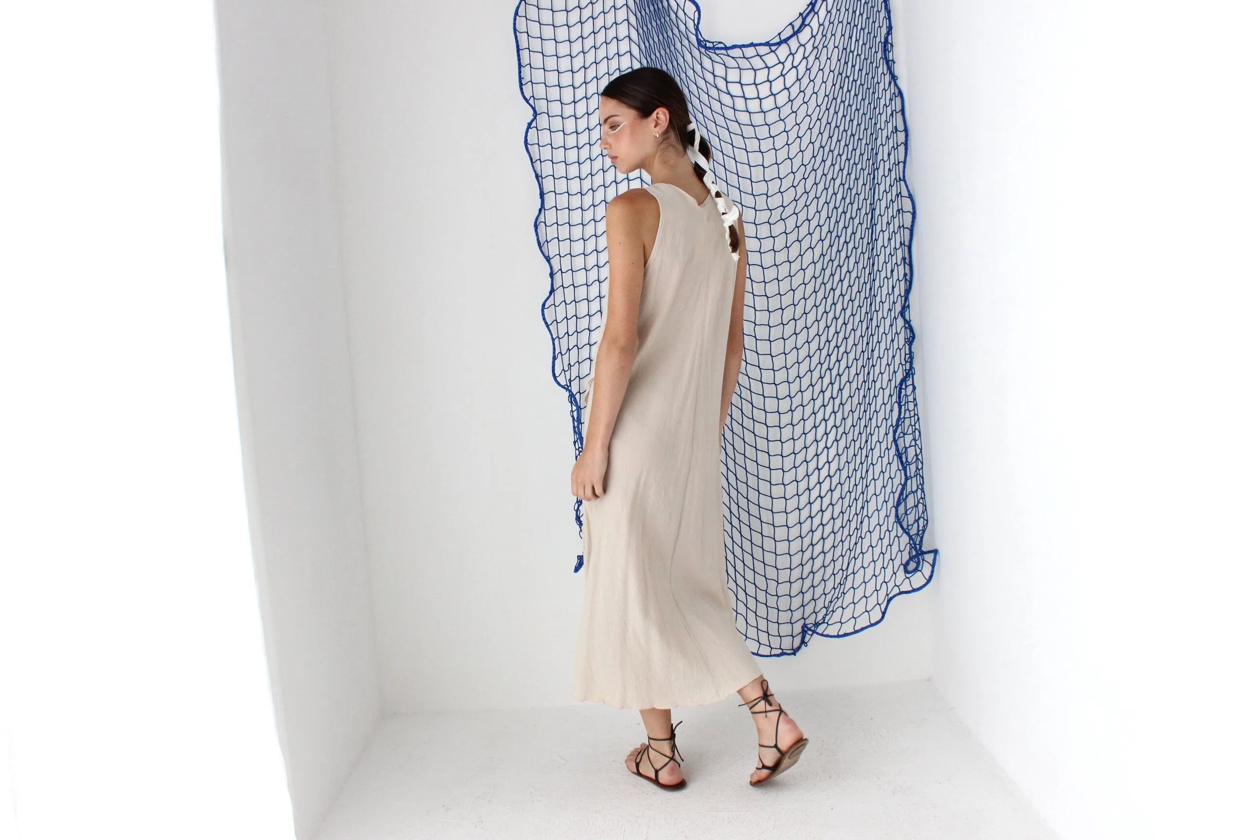 MADE IN GREECE 90s Cotton Eyelet Gauze Relaxed Dress
