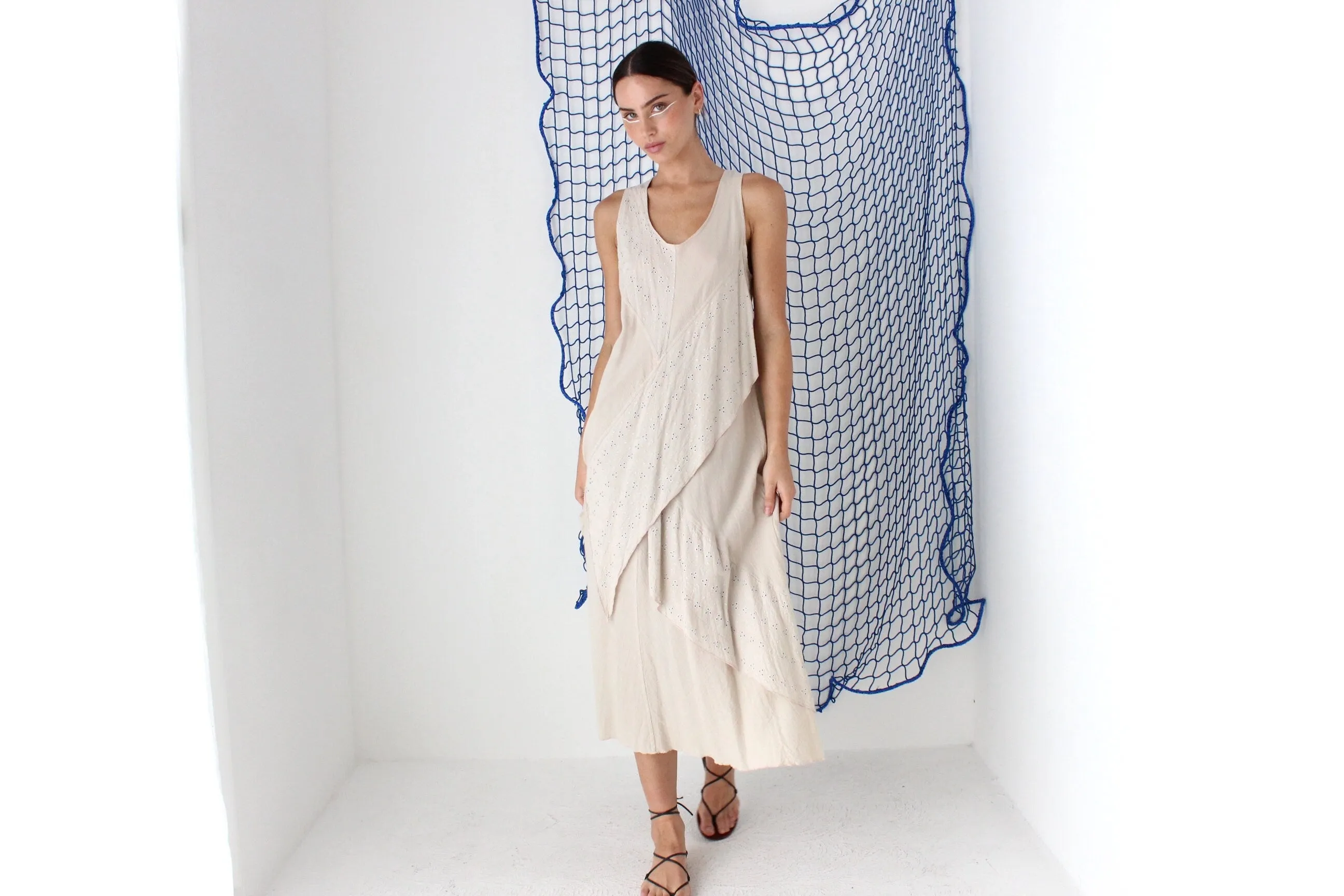 MADE IN GREECE 90s Cotton Eyelet Gauze Relaxed Dress