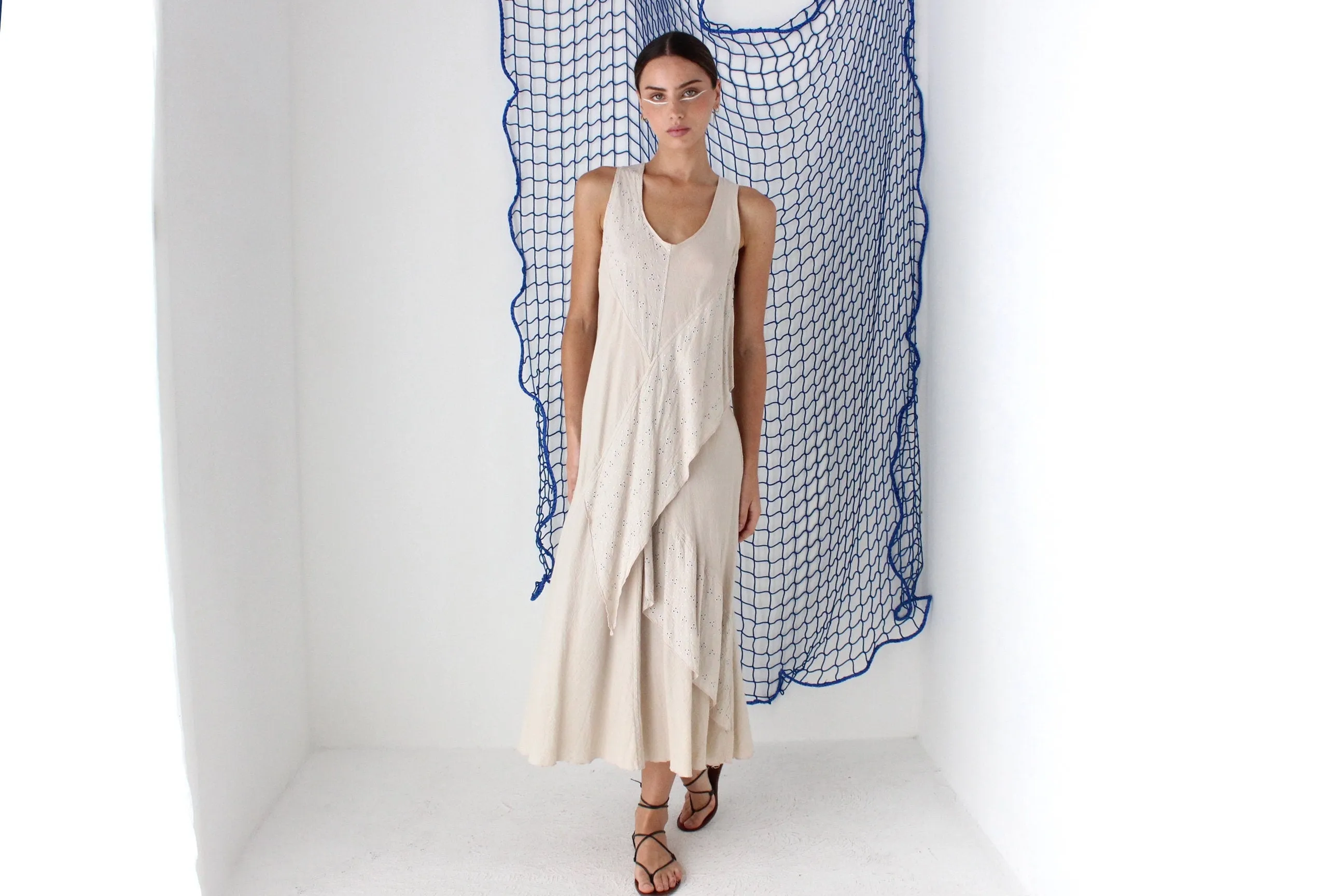 MADE IN GREECE 90s Cotton Eyelet Gauze Relaxed Dress