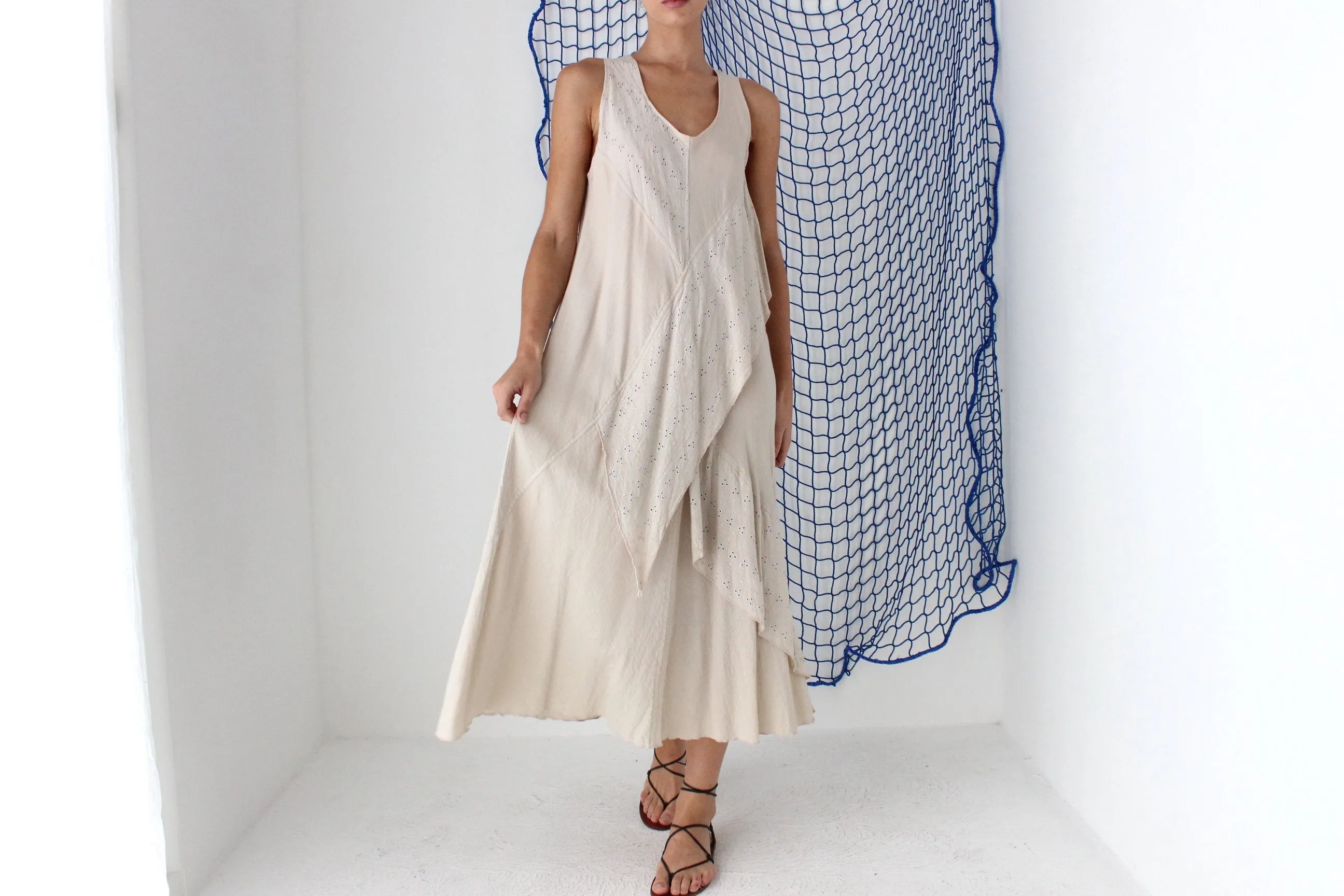 MADE IN GREECE 90s Cotton Eyelet Gauze Relaxed Dress