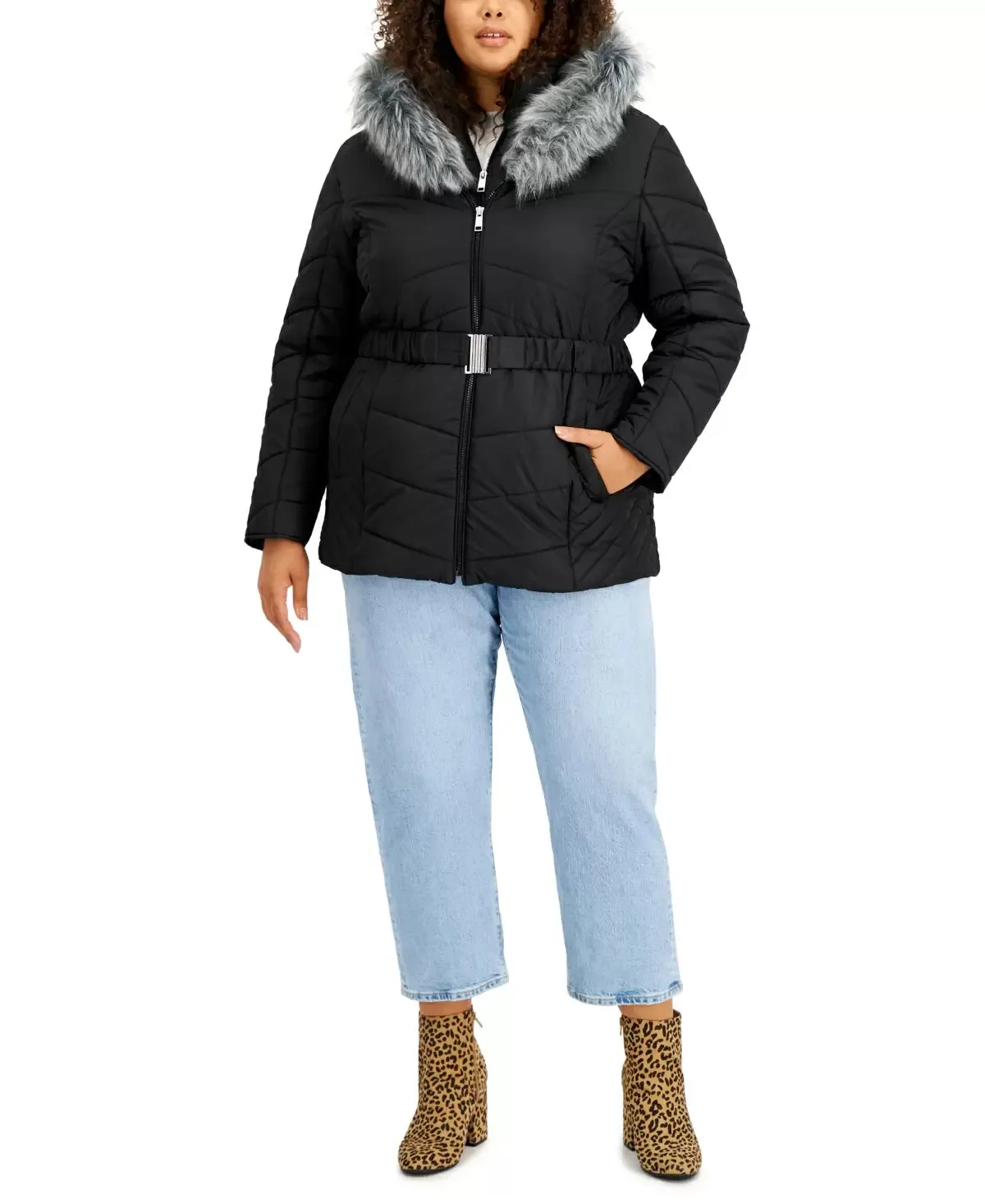 Maralyn & Me Trendy Plus Size Belted Faux-Fur-Trim Puffer Coat