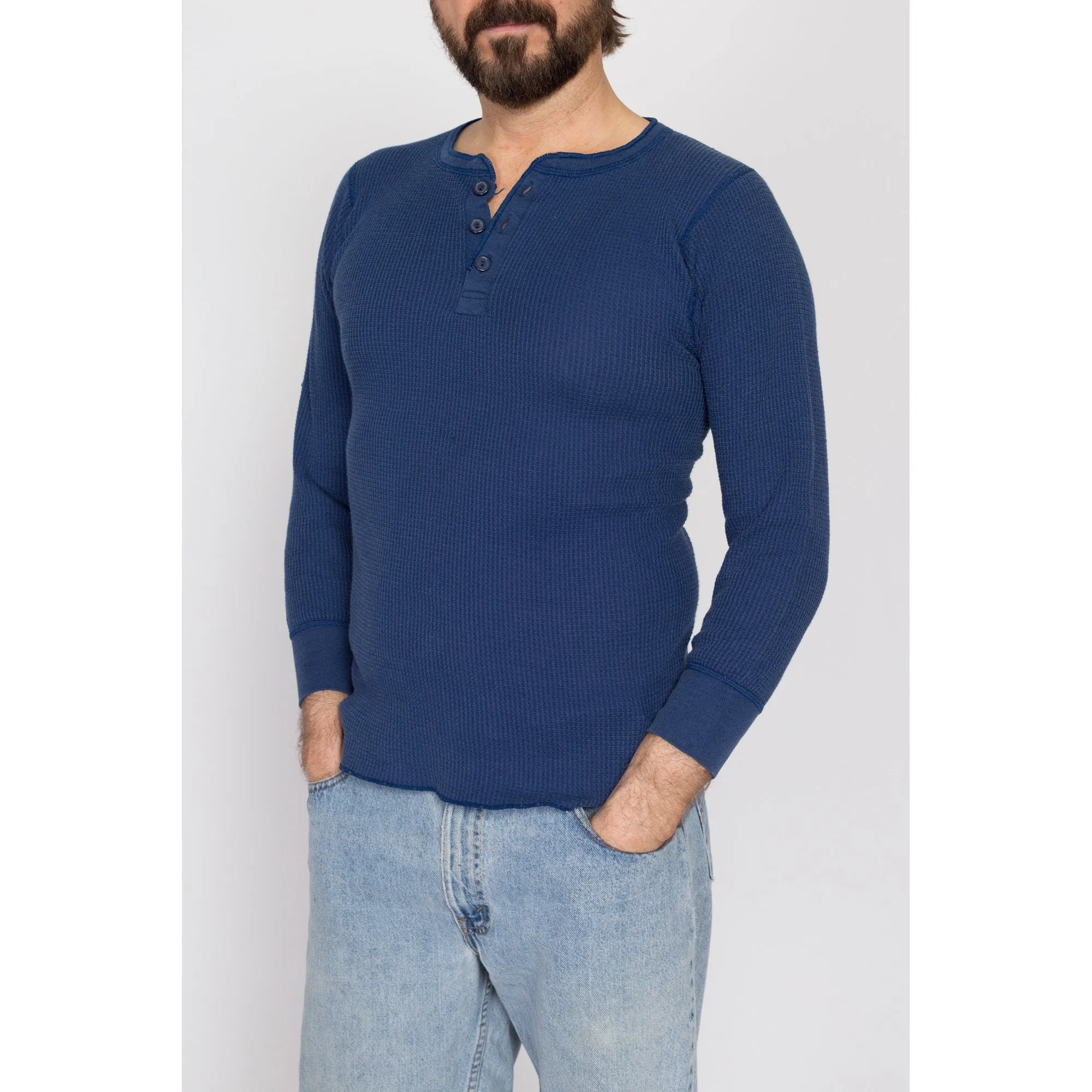 Medium 80s Navy Blue Waffle Knit Henley Shirt