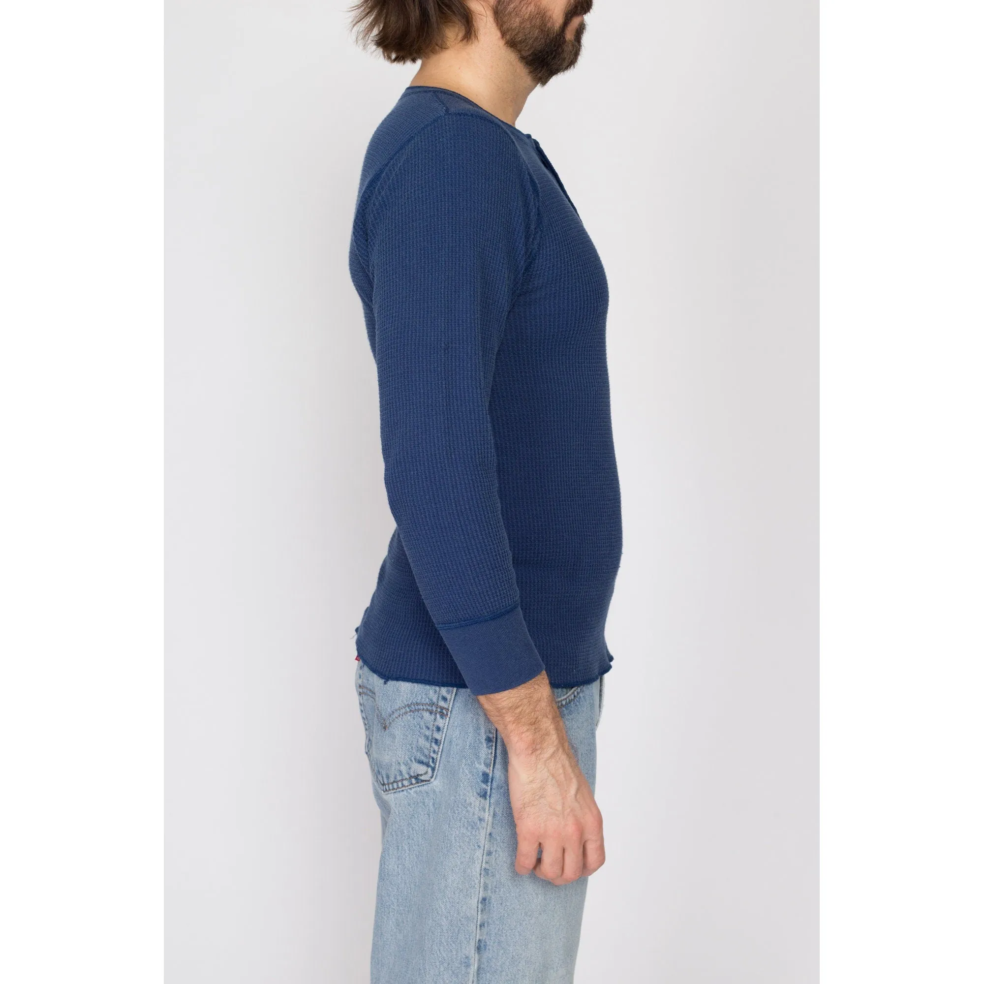 Medium 80s Navy Blue Waffle Knit Henley Shirt