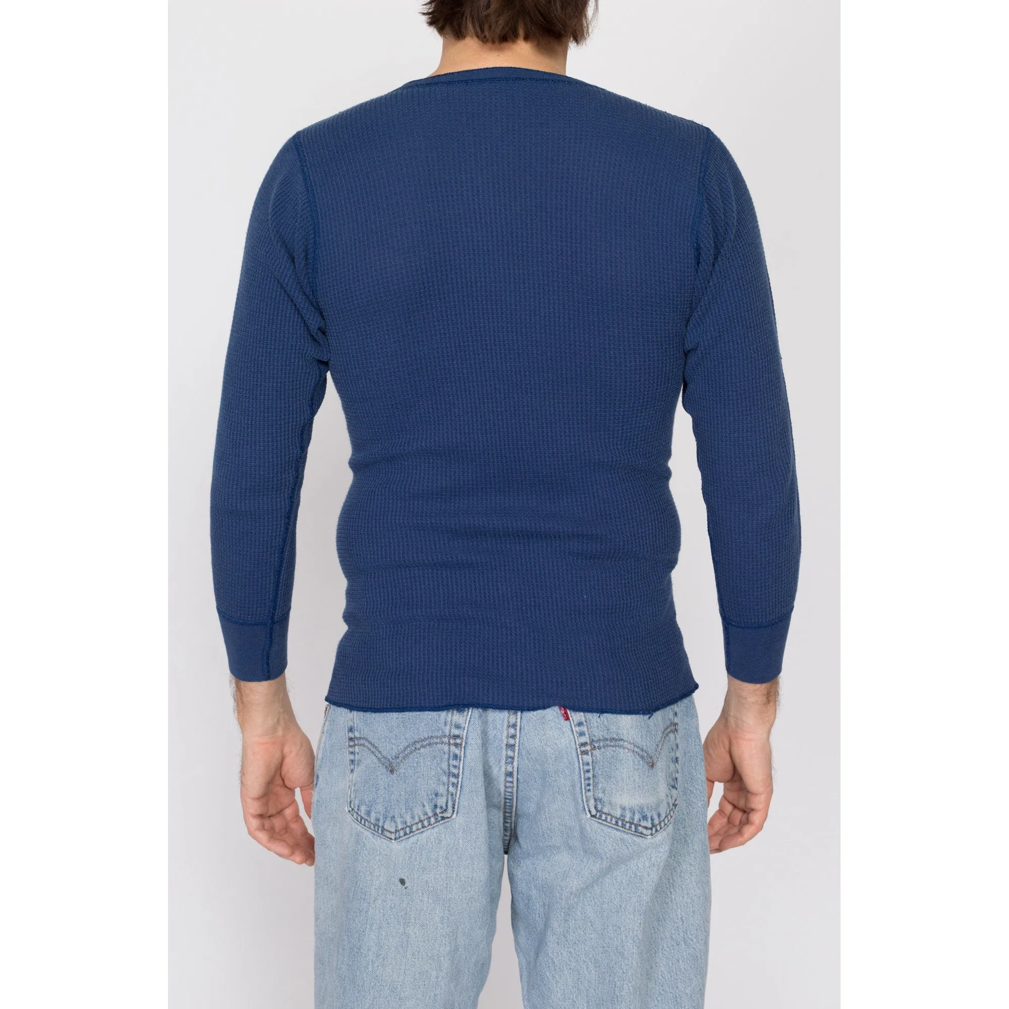 Medium 80s Navy Blue Waffle Knit Henley Shirt