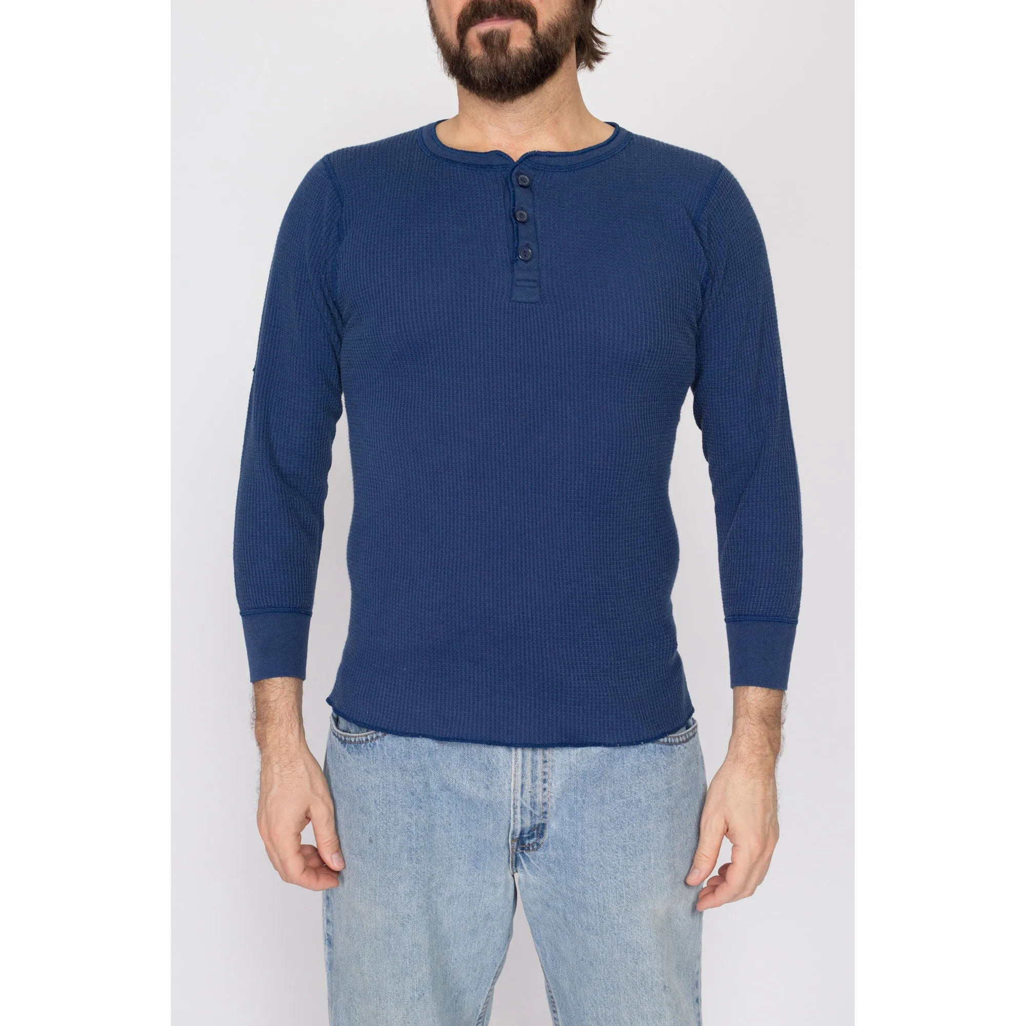 Medium 80s Navy Blue Waffle Knit Henley Shirt